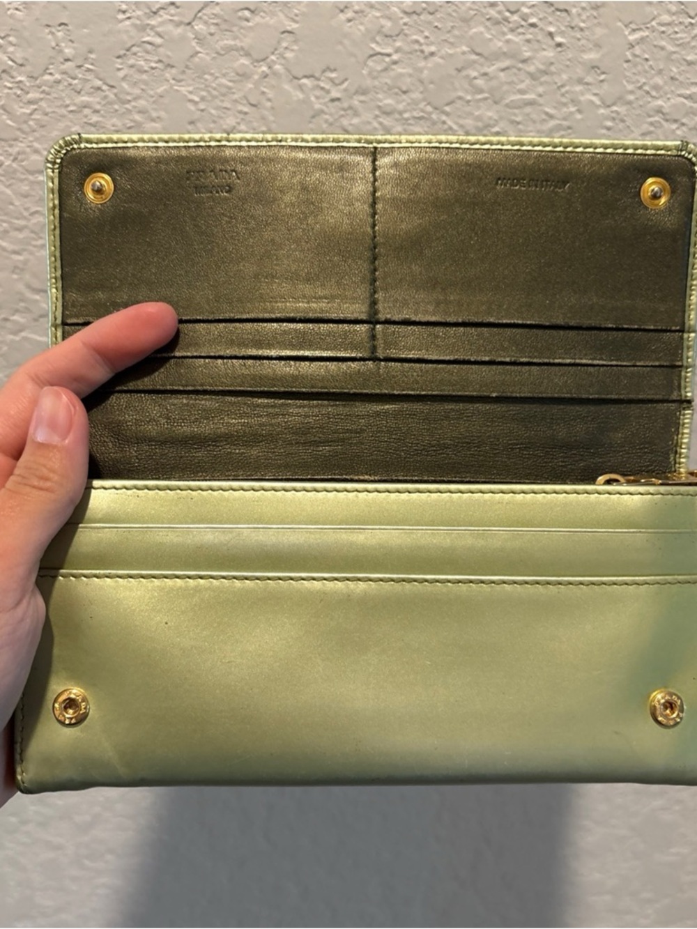 Prada Light Green Patent Leather Long Continental Snap Wallet with Gold Logo - Picture 14 of 15